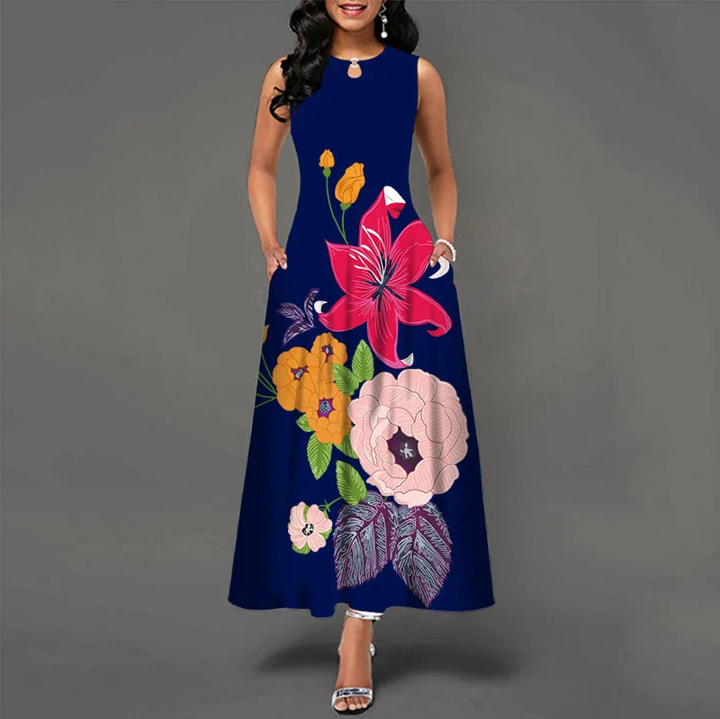 Blumendruck Neues lässiges ärmelloses langes Kleid Damen V-Ausschnitt bedrucktes Kleid Swing Bohemian Retro Kleider