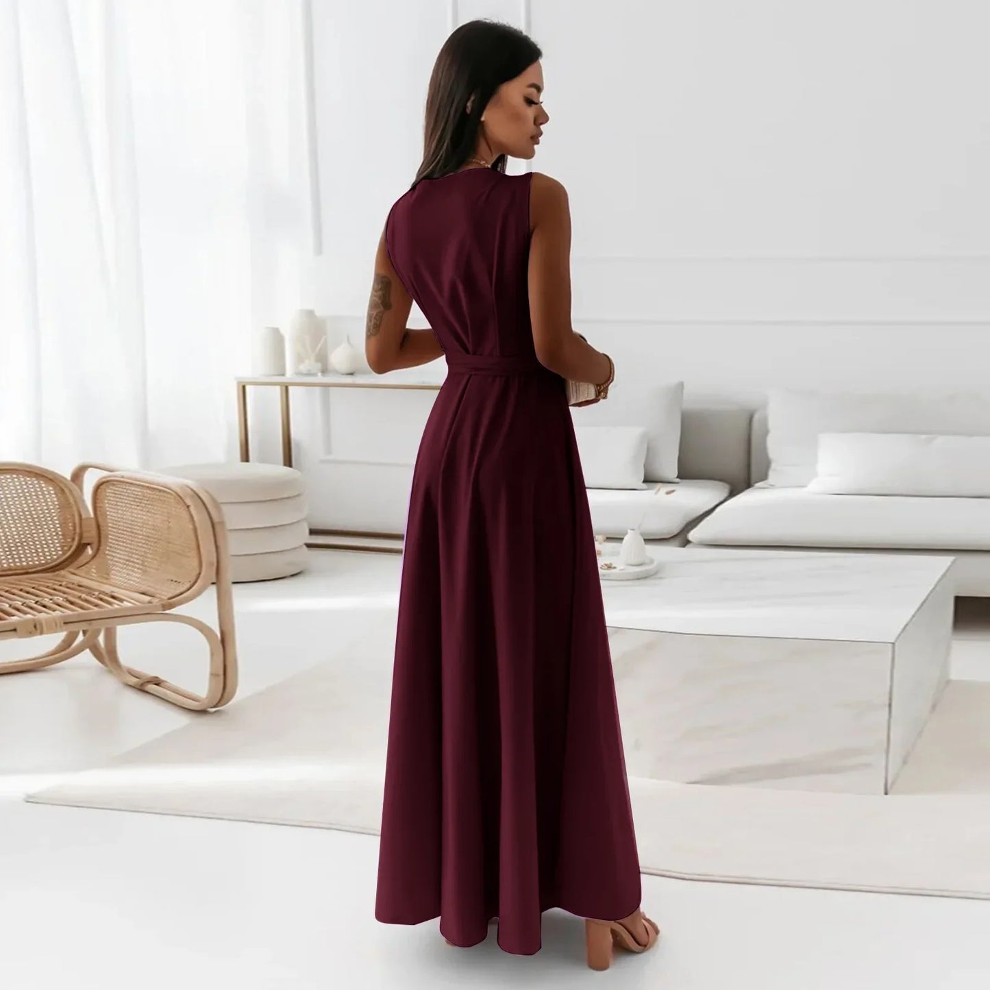 Frühling Sommer Neue Stil frauen Lange V-ausschnitt Kleid Reine Farbe Maxi Kleid Ärmelloses Empire-Taille Kleid für Damen Modische