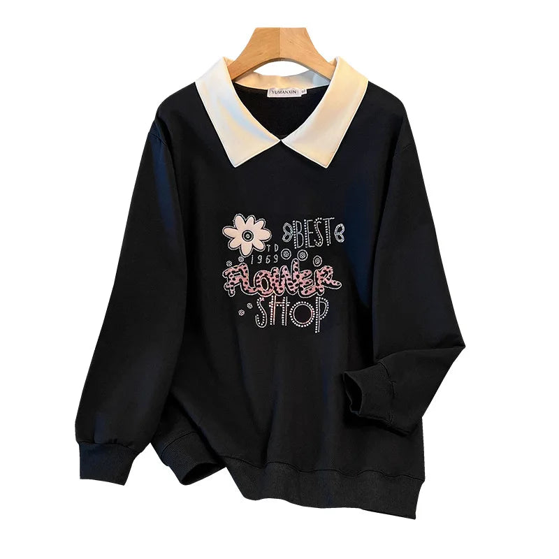 175kg plus size Damen büste Frühling Herbst lose Kragen bedruckt Langarm Sweatshirt schwarz rosa 4xl 5xl 6xl 7xl 8xl 9xl