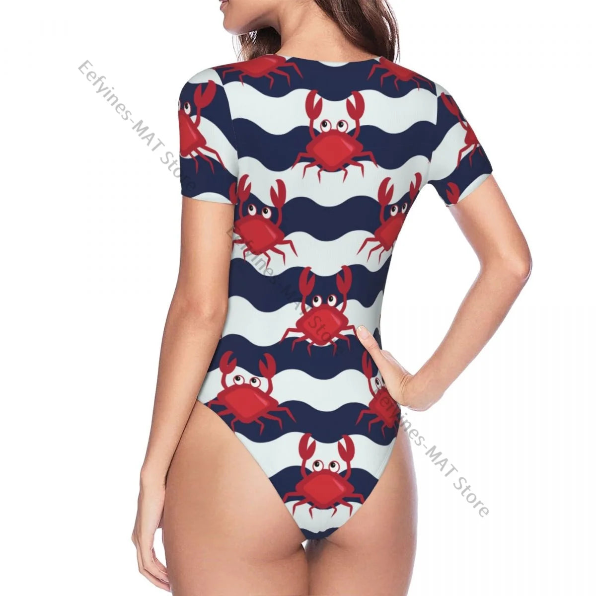 Frau schlanke Boden Overall nautische Krabben niedlichen Krabben und gestreiften Hintergrund weibliche kurze Overall Bodysiut sexy Kleidung
