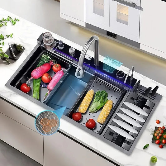 Stainless Steel Kitchen Sink Large Size Single Slot Multifunctional With Trash Can and Drain Rack Household Wash Dish Basin