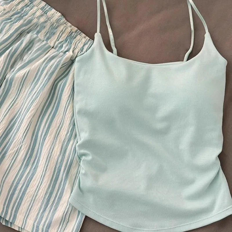 Einfarbiger Pyjama mit Brustpolstern, gestreifte Shorts für Damen, Sommer, dünne Leibchen-Shorts, Loungewear, großer Pyjama, zweiteiliges Set