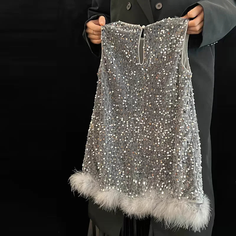Pailletten Mädchen Prinzessin Kleid Grau Rundhals Ärmellose Feder Weste Kleid Kinder Geburtstag Party Kleid Performance Kleid