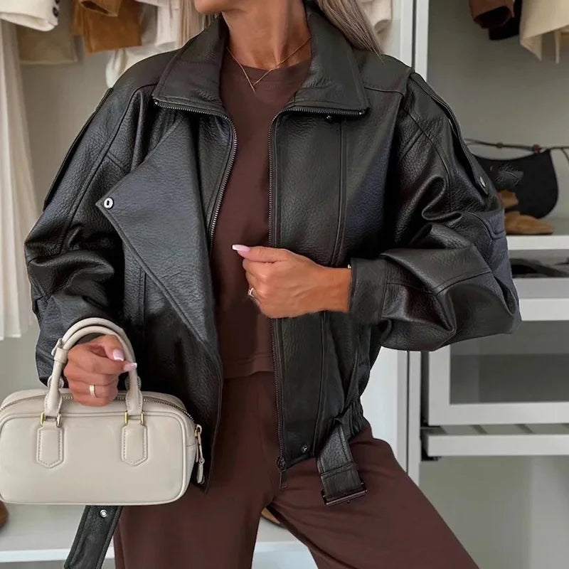 Mode Straße Einfarbig Oberbekleidung Kleidung Vintage Büro Lange Ärmeln Frauen Jacke Neue 2025, Herbst Revers Zipper Leder Mantel