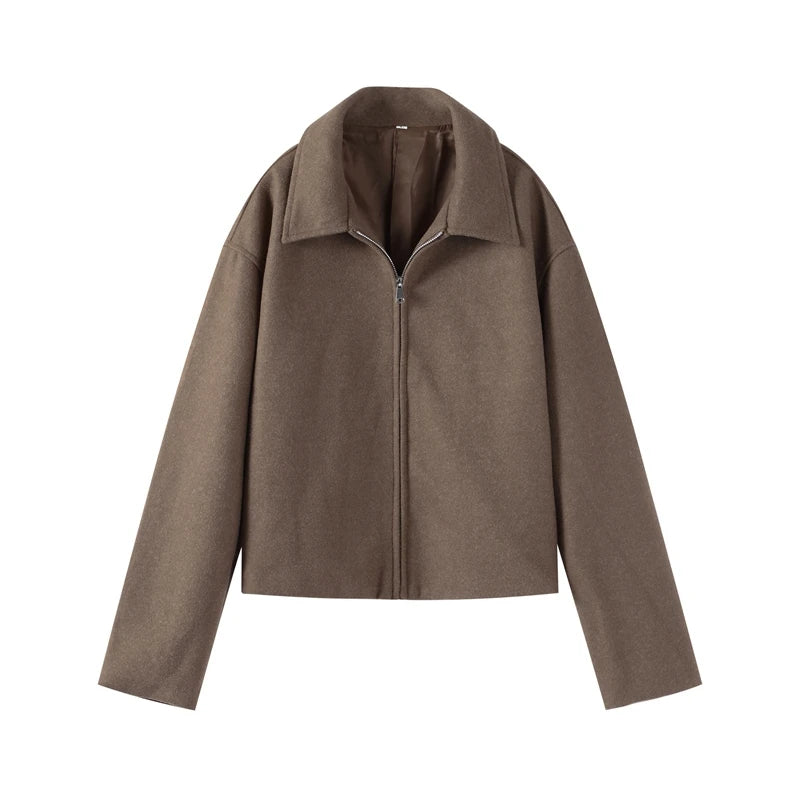 Mode Braun Zipper Woolen Jacke Für Frauen Elegante Revers Langarm Kurze Mäntel Weibliche Vintage Herbst Dame Straße Oberbekleidung