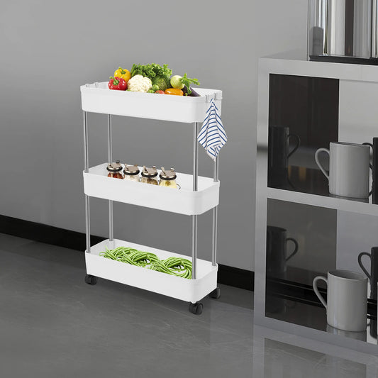 3-lagiges Rollwagen-Regal, bodenstehendes Lagerregal mit 4 Universalrädern, 4 Haken, Küche, Badezimmer, Organizer