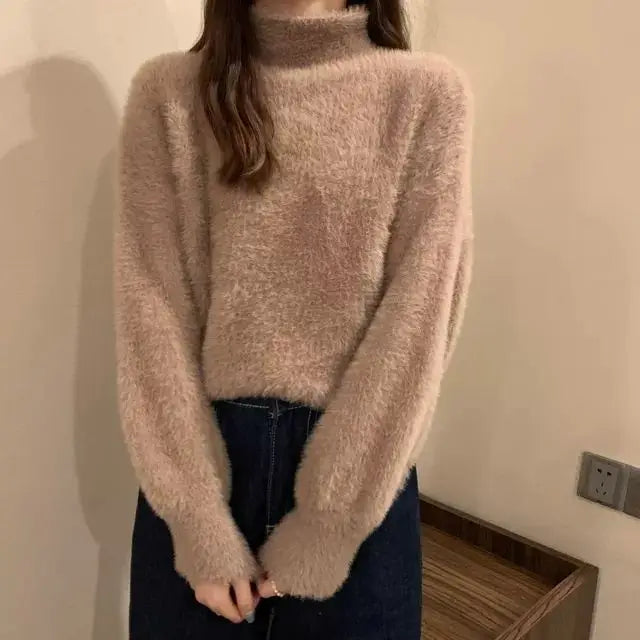 2025 frauen Gestrickte Tops Winter Imitieren Nerz Wolle Heißer Fleece Weibliche Rollkragen Elastische Beiläufige Pullover Weiche Warme Pullover