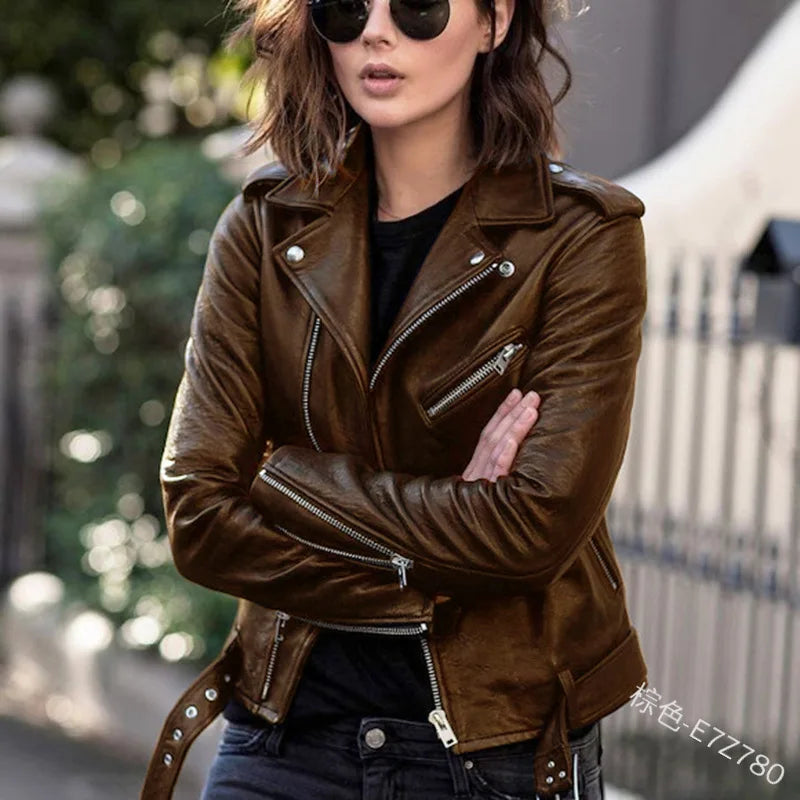 Damen Ledermantel Damen Kurz Slim-Fit Neue Biker Lederjacke Winter Herbst Lederjacken Mäntel