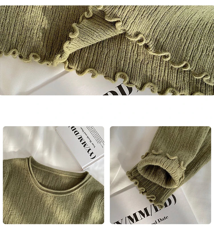 2025Oansatz Rippen Langarm Koreanische Dünne Weibliche Pullover Frauen Pullover Stricken Weiche Jumper Tops Geraffte Herbst Winter Tops