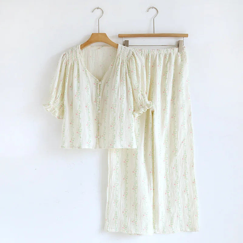 Damen Pyjama Nachtwäsche Baumwolle Nachtwäsche für Frau Sommer mit Brust polstern zweiteilige Blumen Pyjama-Sets Geschenk weiblich