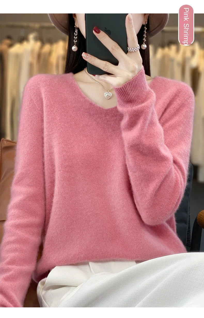 2024 100% Merino Reine Wolle V-ausschnitt Herbst Und Winter Pullover Pullover Neue Kaschmir Pullover frauen Beiläufige Gestrickte Top DMR201