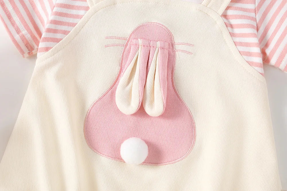 2024 Sommer Baby Mädchen Kleidung niedlichen Hasen falsch zweiteiligen Bodysuit Kleinkind Streifen Patchwork einteilige Kleidung