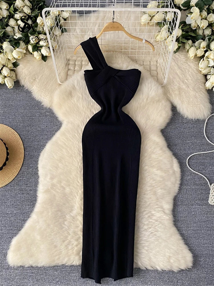 SINGREINY Einzelnen Schulter Tinte Stricken Kleid Backless Tank Gestreiften Schlank Bodycon Sommerkleid Frauen Sommer Beachwear Sexy Chic Vestidos