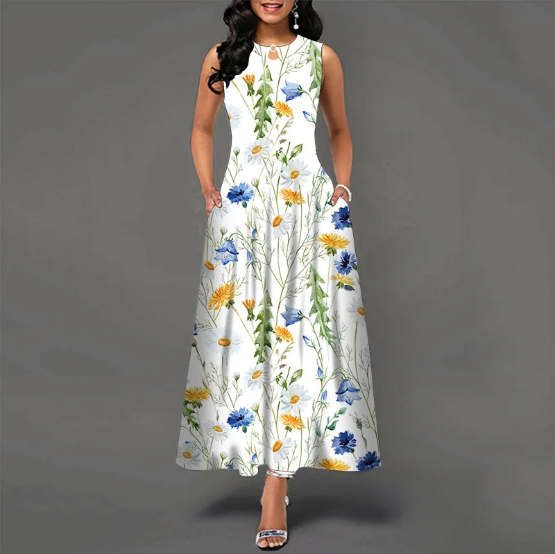 Blumendruck Neues lässiges ärmelloses langes Kleid Damen V-Ausschnitt bedrucktes Kleid Swing Bohemian Retro Kleider