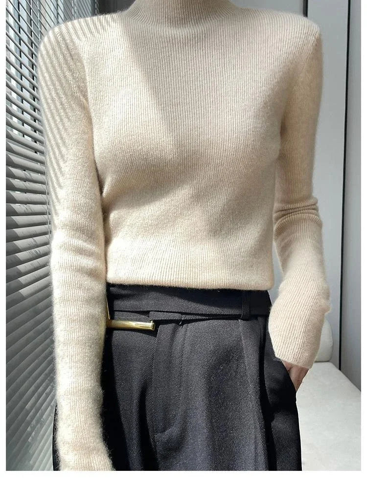Herbst Winter Frauen Pullover Slim Fit Hohe Strecth Pullover Langarm Inneren Tragen Mock Neck Gestrickte Tops Koreanische Mode Jumper