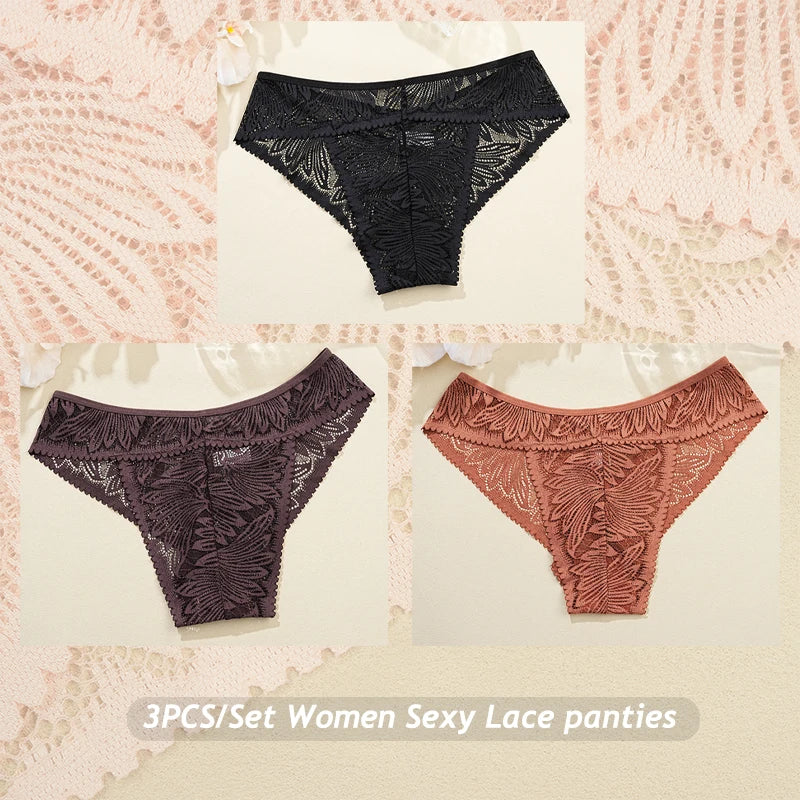 3PCS/Set Women Lace Panties Sexy Low Riase Elastic Brifes Solid Color Perspective Breathable Underwear Ladeis Sexy Lingerie