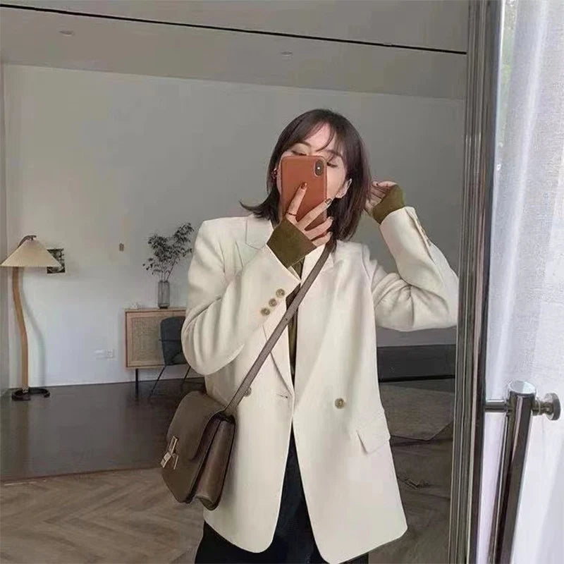 Koreanische Weiß Anzug Mantel Frauen Elegante Langarm Revers Blazer für Frau Herbst Winter Einzigen Taste Einfarbig Business Jacke