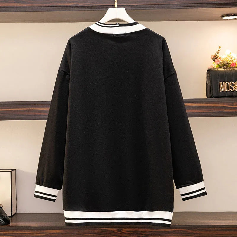 150Kg Plus Größe frauen Fehlschlag 157 Frühling Herbst Lose V-ausschnitt Langarm Drucken Sweatshirts Lässige Top Schwarz 5XL 6XL 7XL 8XL 9XL