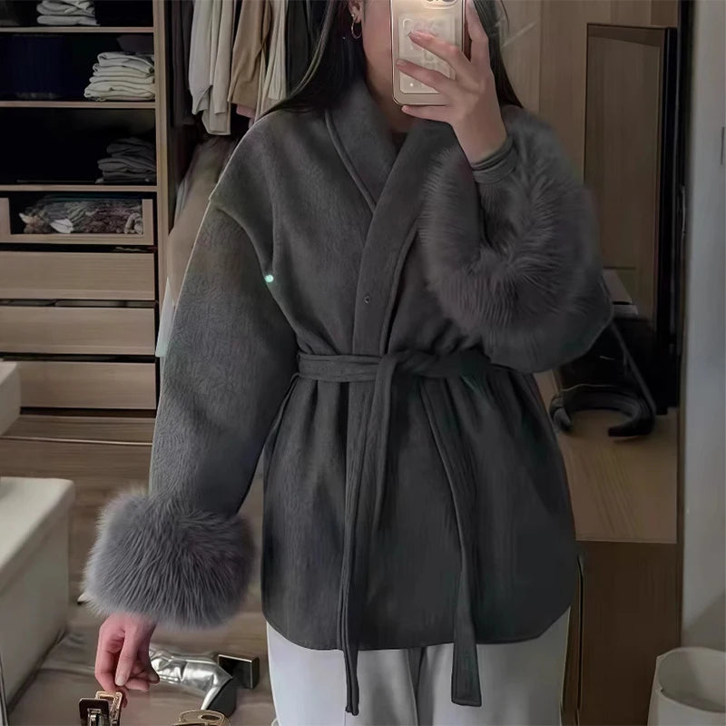 Frauen Mäntel Elegante Revers Plüsch Mit Gürtel Faux Pelz Hülse Tweed Offenen Mantel Weibliche 2025, Herbst Winter Mode Dame streetwear