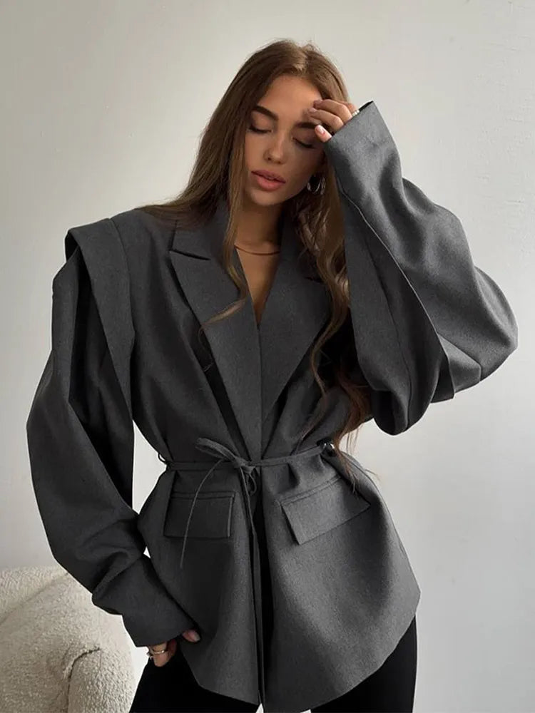 Fashion Solid Revers Hals Schulter Pad Anzug Jacke Frauen Langarm Eine Taste Spitze Up Mantel 2025, Herbst Neue Highstreet Büro Tragen