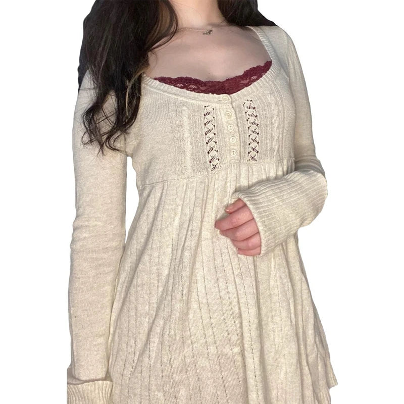 2000er Jahre Vintage Langarm Babydoll Strickpullover Tops Cottage Milkmaid Pullover Ästhetische Grunge Y2k Strickwaren T-Shirts Damen
