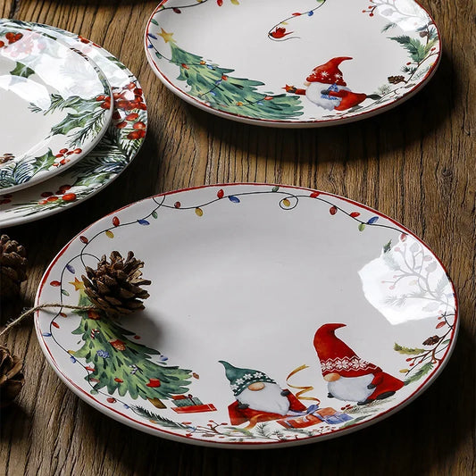 Christmas Ceramic Dinner Plate Set Household Underglaze Flat Round Dim Sum Decorative Sushi.