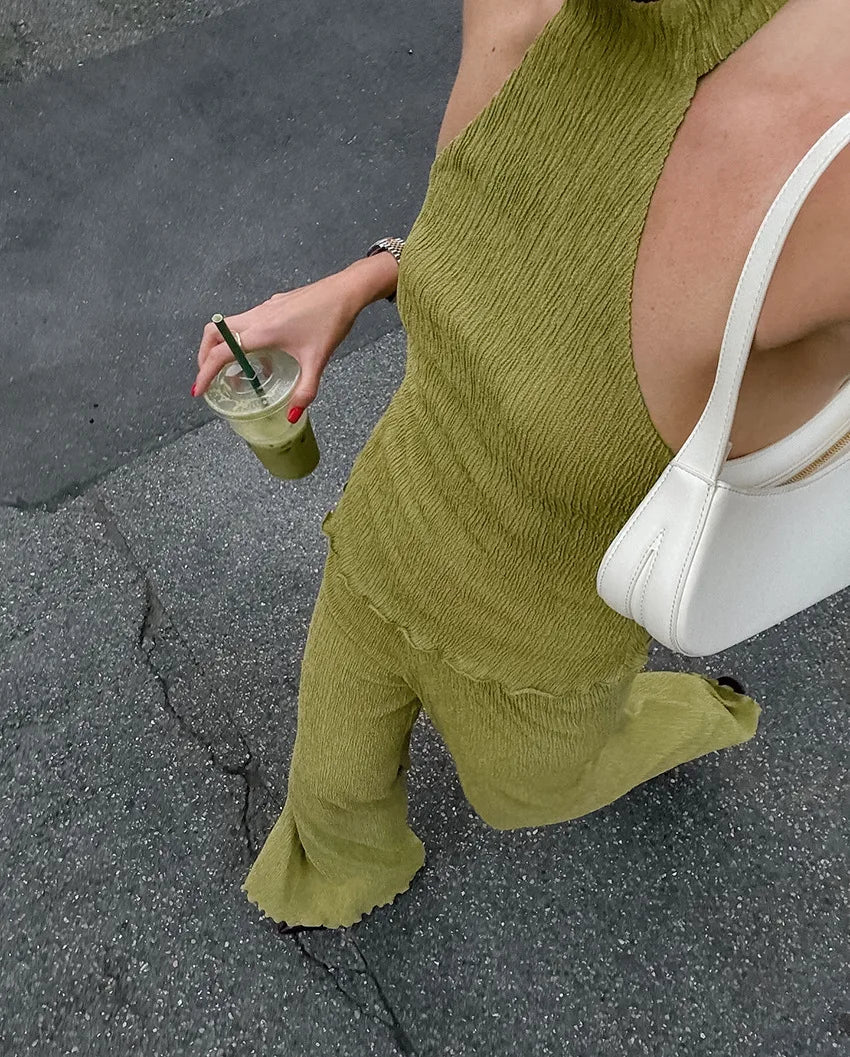 Tuularose Hanging Green Pants Set Sleeveless Backless Personality Temperament Commuter Two-piece Set Summer New Women Pants Set