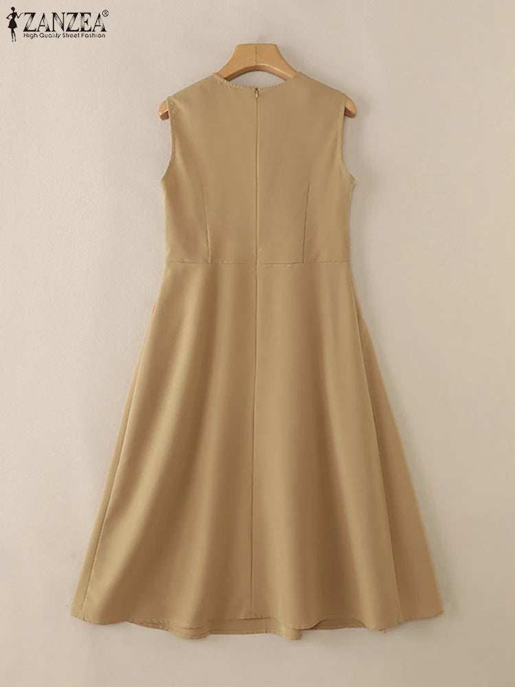 ZANZEA Elegante Frauen Plissee Midi Kleider Ausgestattet Taille Ärmel Solide Party Vestidos 2025, Sommer O Neck Pendeln Roben Femme