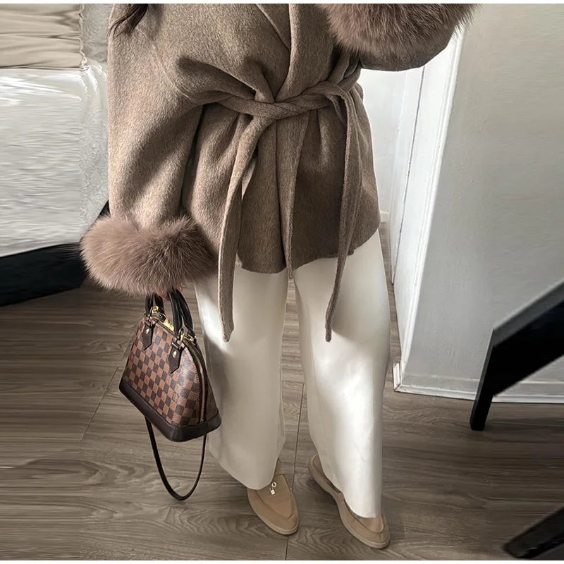 Frauen Mäntel Elegante Revers Plüsch Mit Gürtel Faux Pelz Hülse Tweed Offenen Mantel Weibliche 2025, Herbst Winter Mode Dame streetwear