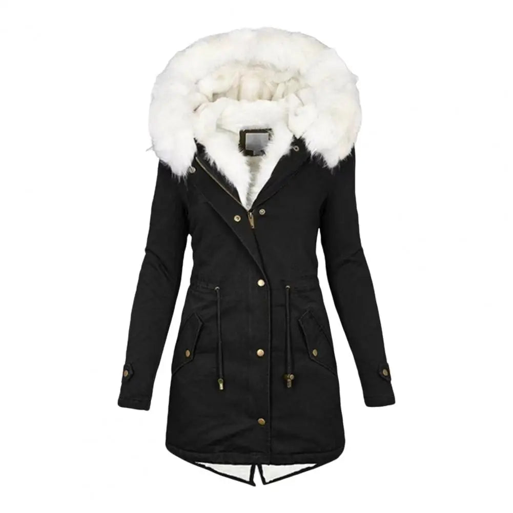 Verdickter Damen-Winter-Baumwollmantel, Kunstpelzkapuze, Fleece-Reißverschluss-Knopfjacke, winddicht, mittellang, schlanke Oberbekleidung