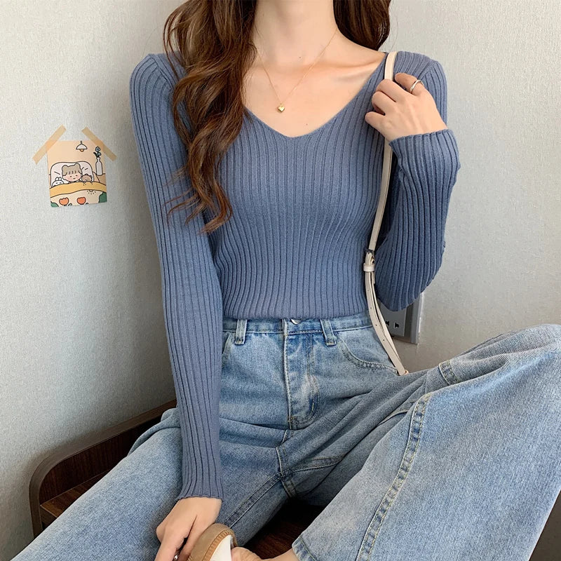 2025 einfarbig Schlank Pullover Koreanische Herbst Winter V-ausschnitt Pullover Mode Lässig Langarm Gestrickte Pullover Frauen Kleidung
