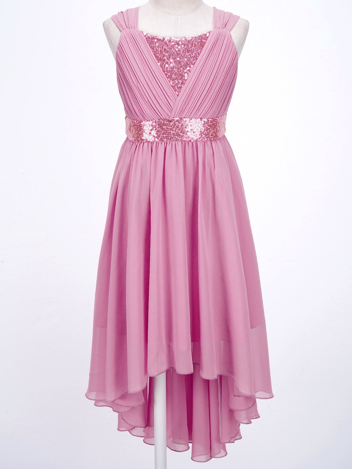 Kinder Blumenmädchenkleid Ärmellos Pailletten Hi-Low-Saum Abendkleid Elegantes Chiffon Prinzessin Geburtstag Formales Hochzeitskleid