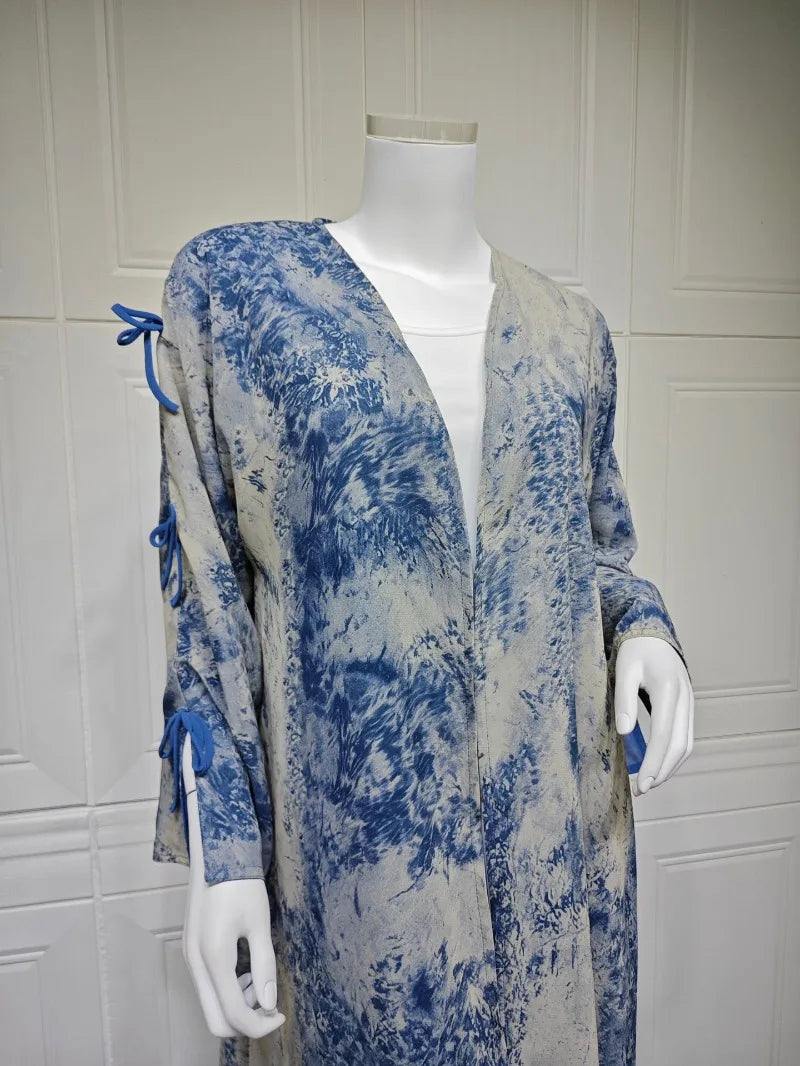 2025 sommer Arabisch Frauen Muslimische Kleidung Ramadan Dubai Offene Abaya Kleid mit Hijab Islam Gedruckt Chiffon 2 Stück Outfit