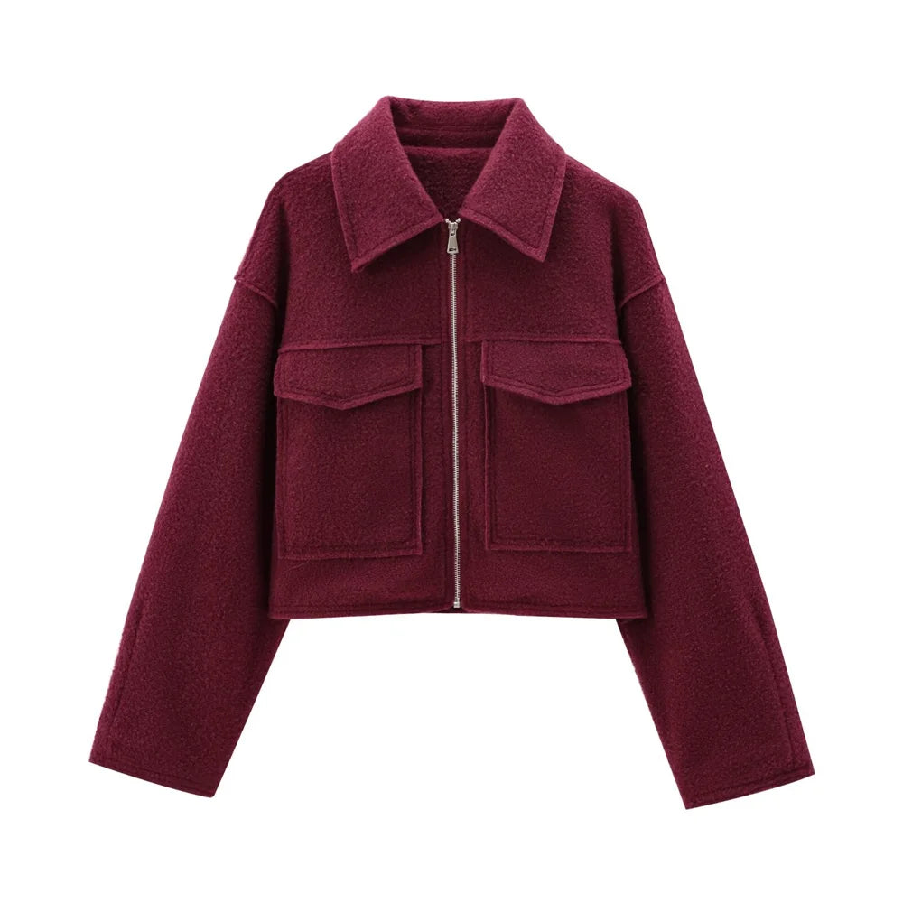 TRZA Frauen Mode Patch Taschen Mit Klappen Abgeschnitten Jacke Mantel Vintage Langarm Front Zipper Weibliche Oberbekleidung Chic Tops