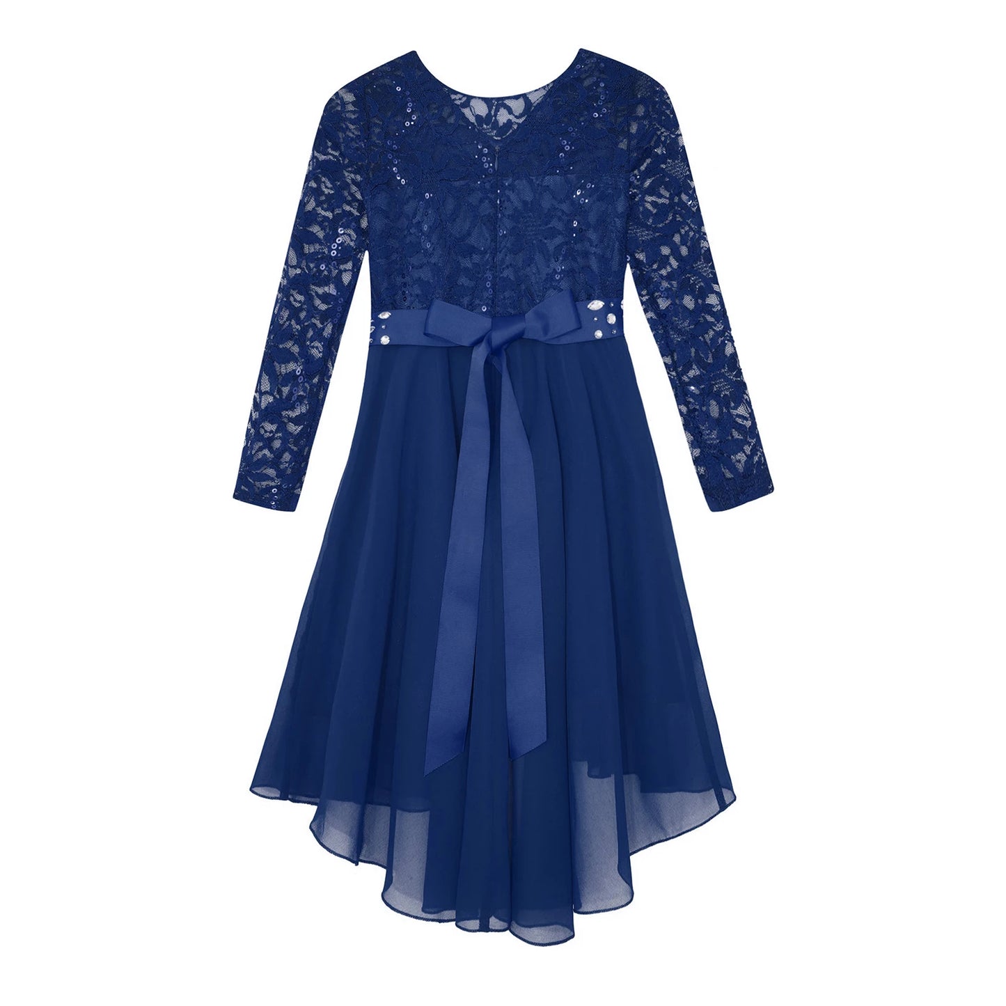 Elegantes Spitzen-Partykleid für Kinder, Mädchen, Chiffon, Spleißen, langärmelig, Kleid mit hohem und niedrigem Saum und Strass-Schärpe für Hochzeit, Geburtstag