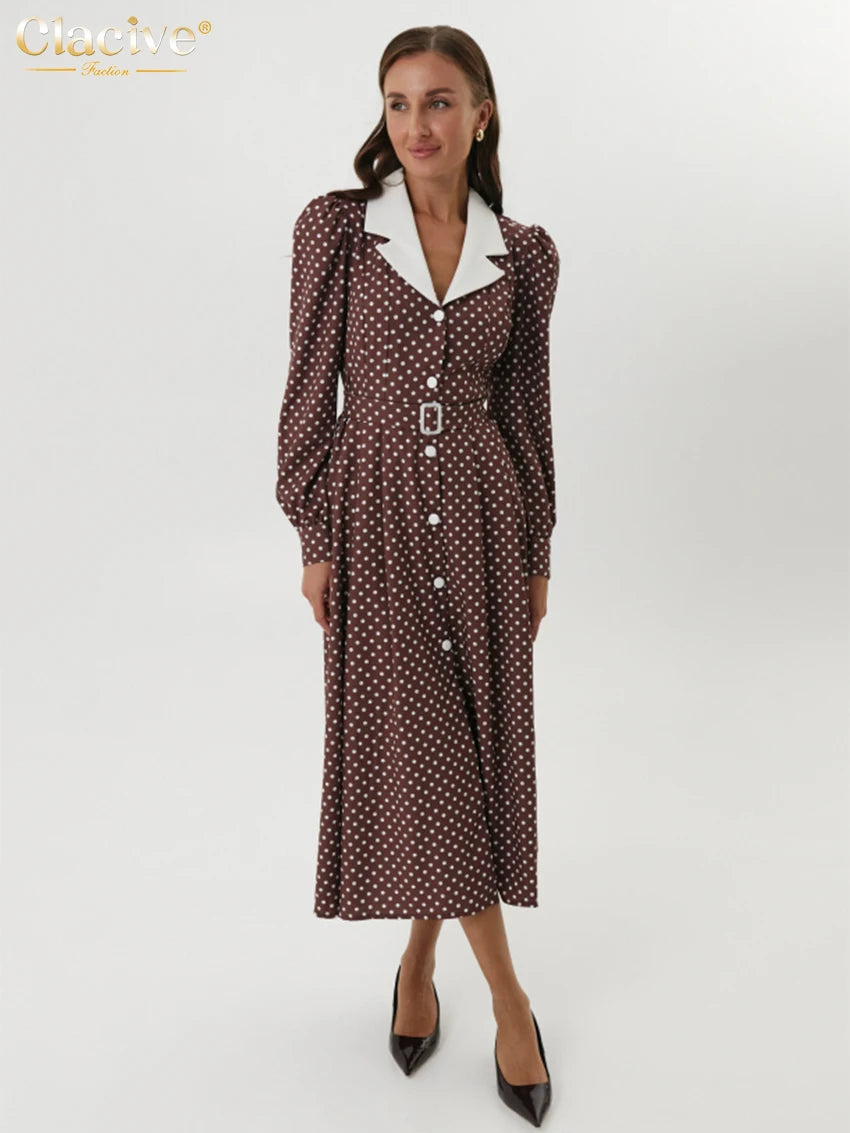 Clacive Mode Lose Druck Frauen Kleid 2025, Casual Revers Langarm Büro Dame Midi Kleider Elegante Klassische Gürtel Weibliche Kleid