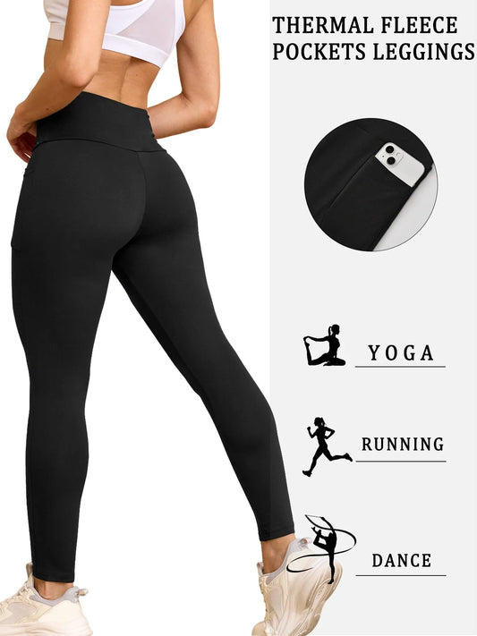 Womens Thermal Fleece Lined High Waisted with pockets Leggings, Workout Winter Warm Thick Tights Soft Yoga Running Pants.