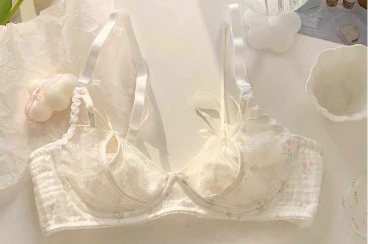 YUQI Kawaii Lace Bralette Set Japanese Floral Mesh Underwear Summer Ultra-Thin Lace-Up Cutout Romantic Bra 2024 New Kawaii set.