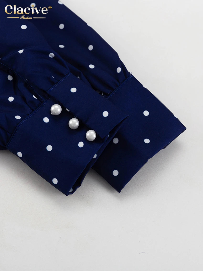 Clacive Mode Lose Druck Frauen Kleid 2025, Casual Revers Langarm Büro Dame Midi Kleider Elegante Klassische Gürtel Weibliche Kleid