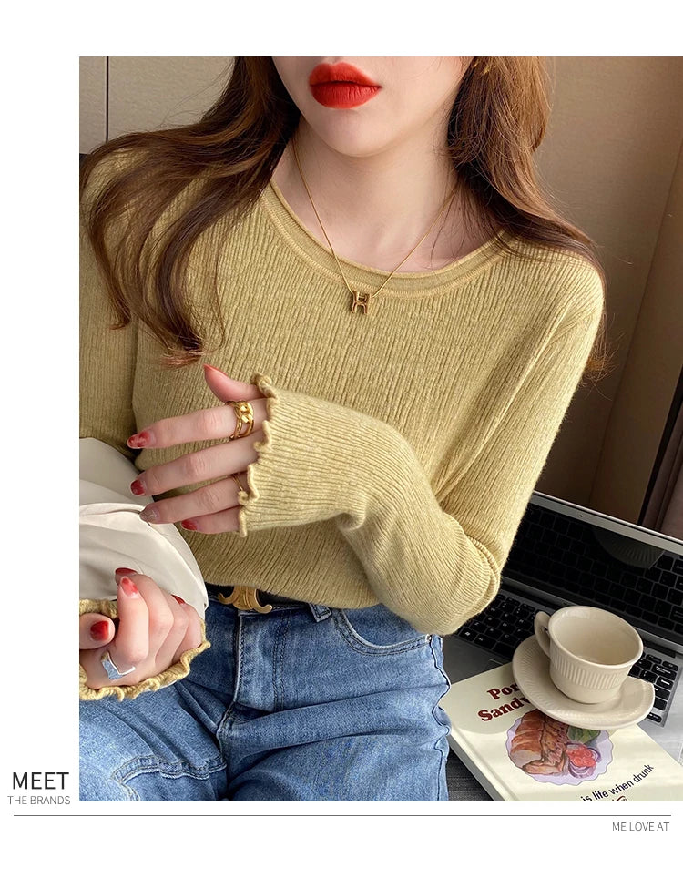 2025Oansatz Rippen Langarm Koreanische Dünne Weibliche Pullover Frauen Pullover Stricken Weiche Jumper Tops Geraffte Herbst Winter Tops