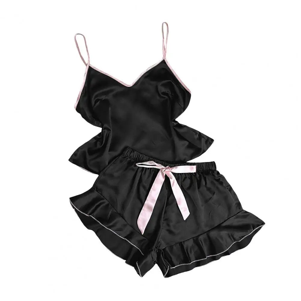 Damen-Pyjama-Set mit Trägern, elegantes Satin-Damen-Pyjama-Set mit Spaghettiträger-Oberteil, rückenfrei, V-Ausschnitt, Rüschen, plissiert für Komfort