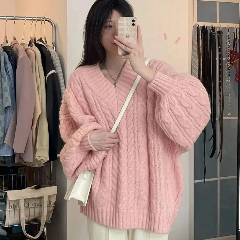 Herbst Winter Frauen Pullover Harajuku Übergroßen Gestrickte Pullover Koreanische Langarm V-ausschnitt Strickwaren Preppy Solide Lose Jumper