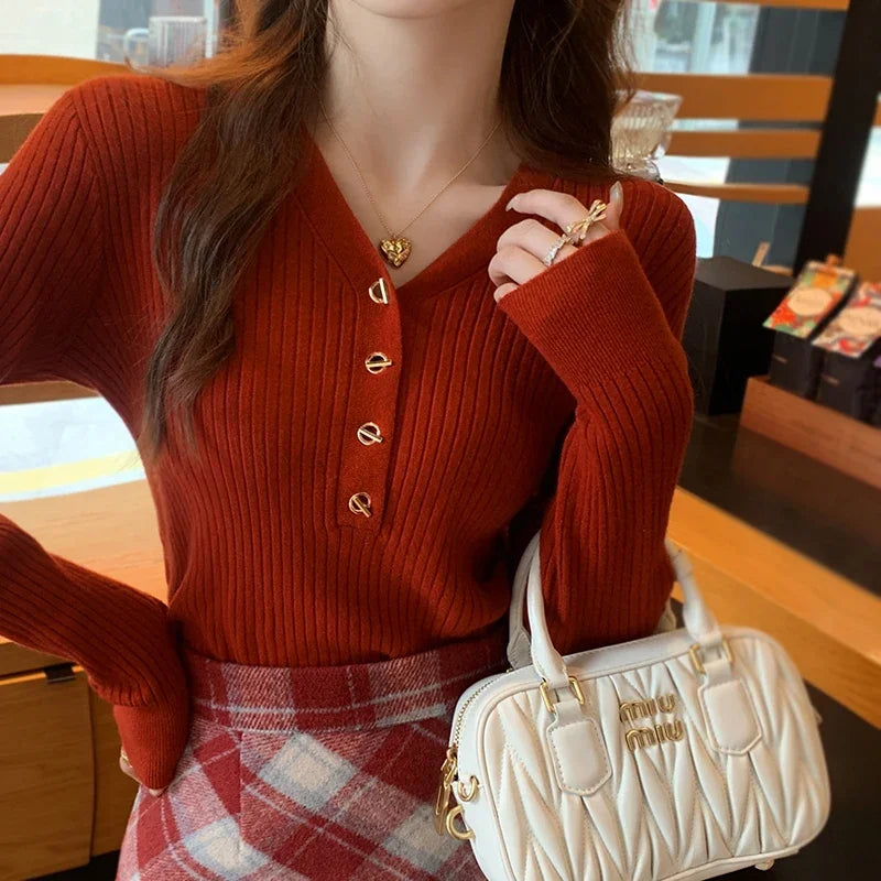 2023 herbst Winter Frauen Pullover Beiläufige Dünne Taste Gestrickte Pullover Pullover Femme Grundlegende Solide Jersey Tops Mode Kleidung