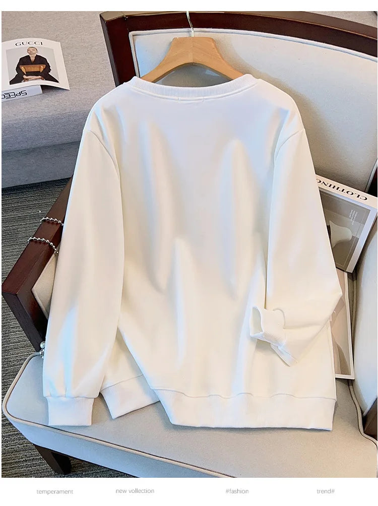 175 kg Übergröße Damen Büste 170 Herbst Lose Rundhals Langarm Diamant Schwan Sweatshirt Schwarz Weiß 5XL 6XL 7XL 8XL 9XL