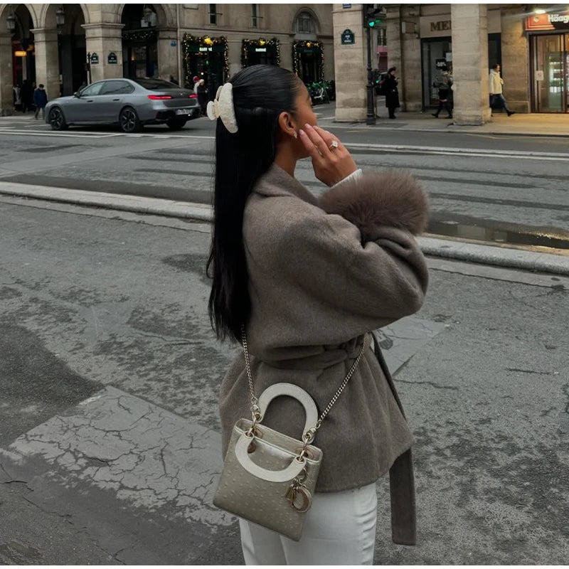 Frauen Mäntel Elegante Revers Plüsch Mit Gürtel Faux Pelz Hülse Tweed Offenen Mantel Weibliche 2025, Herbst Winter Mode Dame streetwear