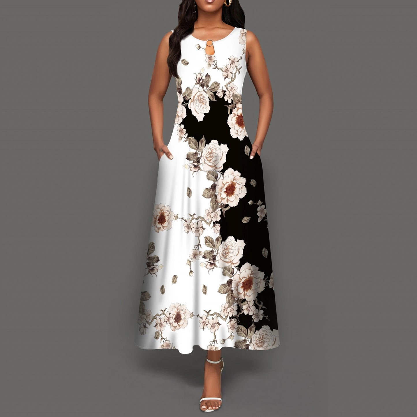 Blumendruck Neues lässiges ärmelloses langes Kleid Damen V-Ausschnitt bedrucktes Kleid Swing Bohemian Retro Kleider