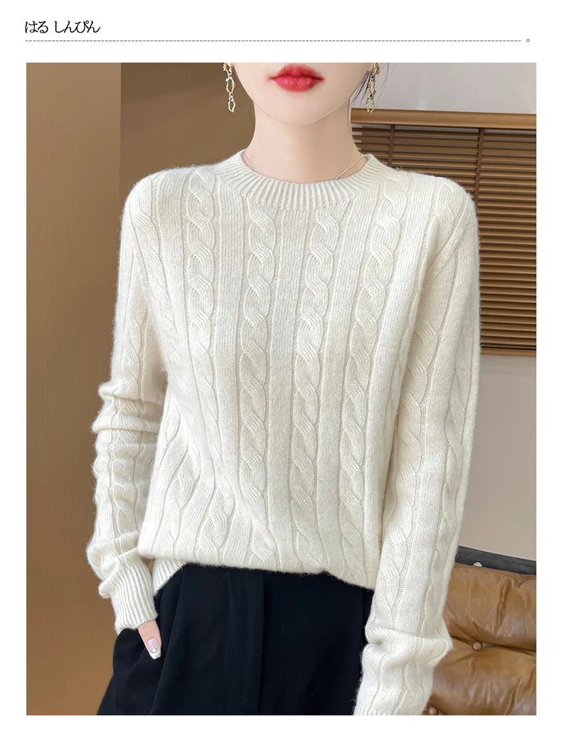 Frauen 100% Merino Wolle Verdickung Pullover Oansatz Gestrickte Twisted Pullover Herbst Winter Kaschmir Langarm Kleidung Basis Tops