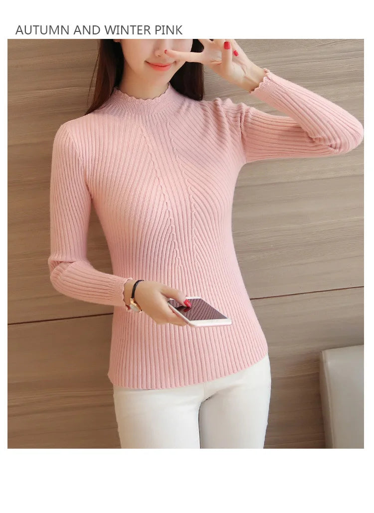 2025 herbst Frauen Mock Neck Rüschen Pullover Langarm Gestrickte Bodenbildung Solide Pullover Streifen Frauen Casual Pullover Winter