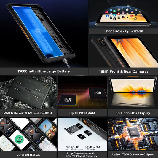 Rugged Tablets HOTWAV R7 12GB(6+6) 256GB 10.1'' 16MP+16MP Android 13.0 15600mAh large battery 20W Dual SIM 4G GPS.