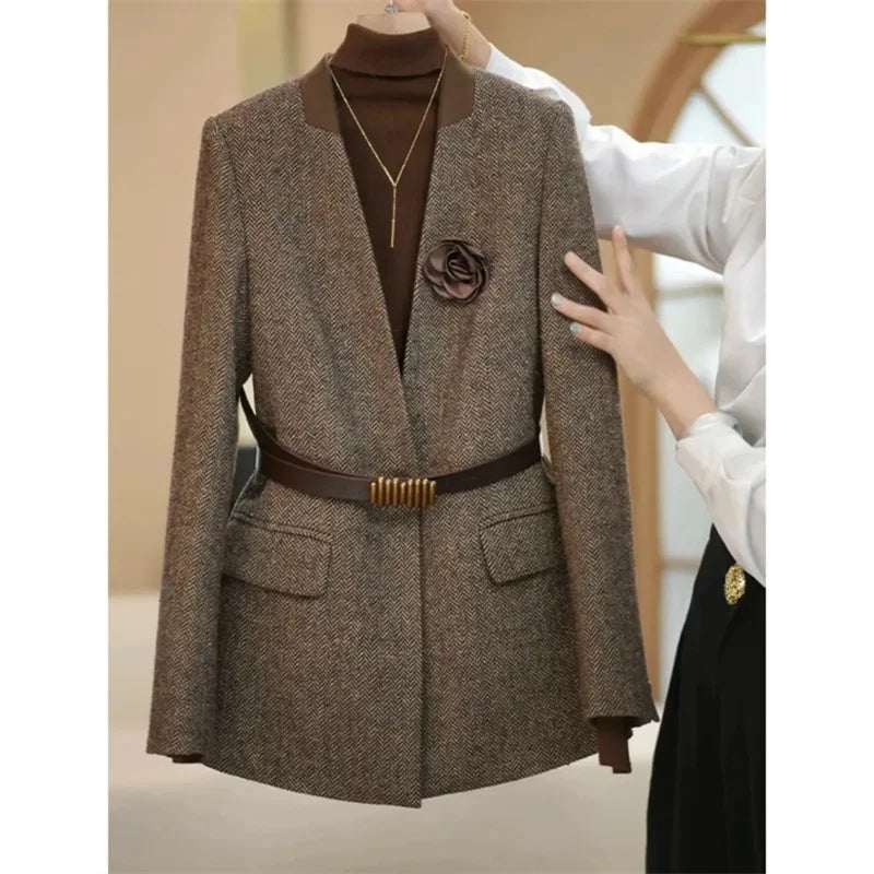 Mode Kaffee Woolen Anzug Jacke 2025, Herbst Winter Neue Damen Temperament V-ausschnitt Langarm Blazer Weibliche